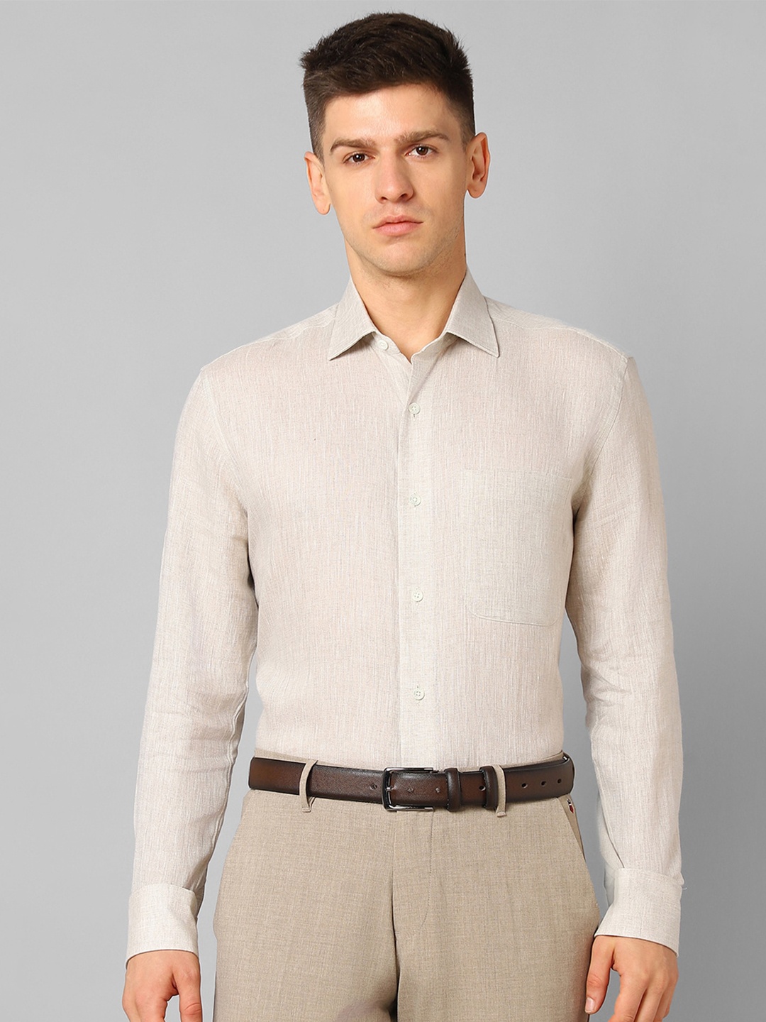 

Luxure by Louis Philippe Spread Collar Pure Linen Formal Shirt, Cream