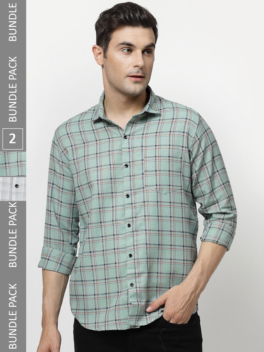 

ADWYN PETER Pack Of 2 Tartan Checked Opaque Casual Cotton Shirt, Green