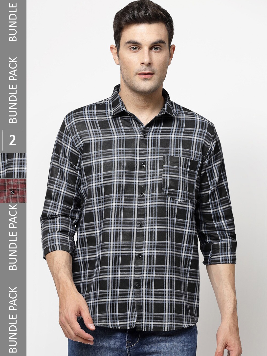 

ADWYN PETER Pack Of 2 Tartan Checked Casual Cotton Shirt, Black
