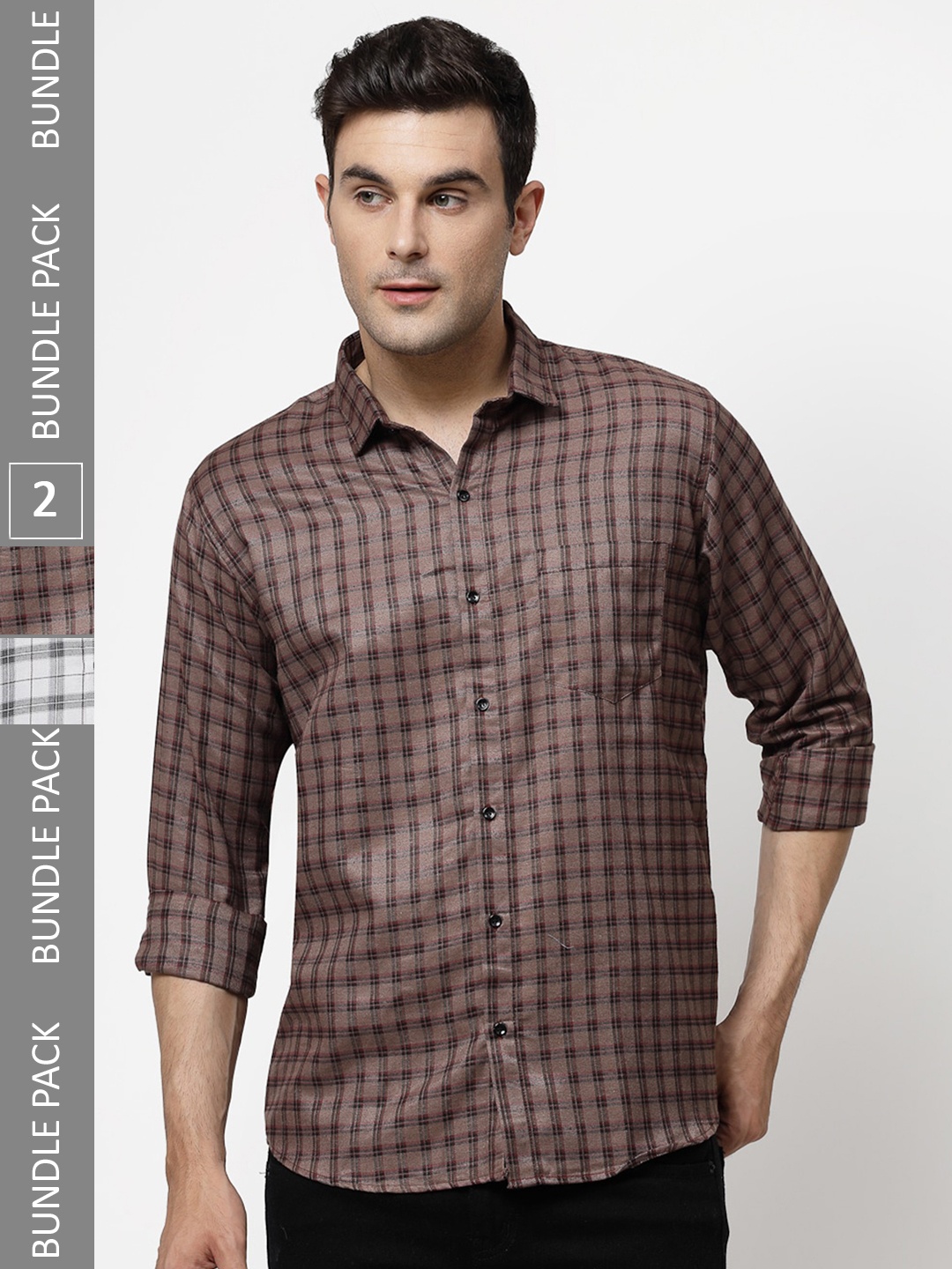 

ADWYN PETER Pack Of 2 Tartan Checked Casual Cotton Shirt, Brown