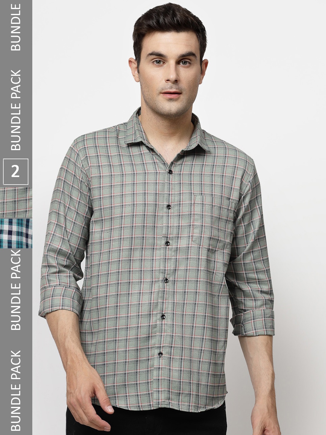 

ADWYN PETER Pack Of 2 Tartan Checked Casual Cotton Shirt, Green