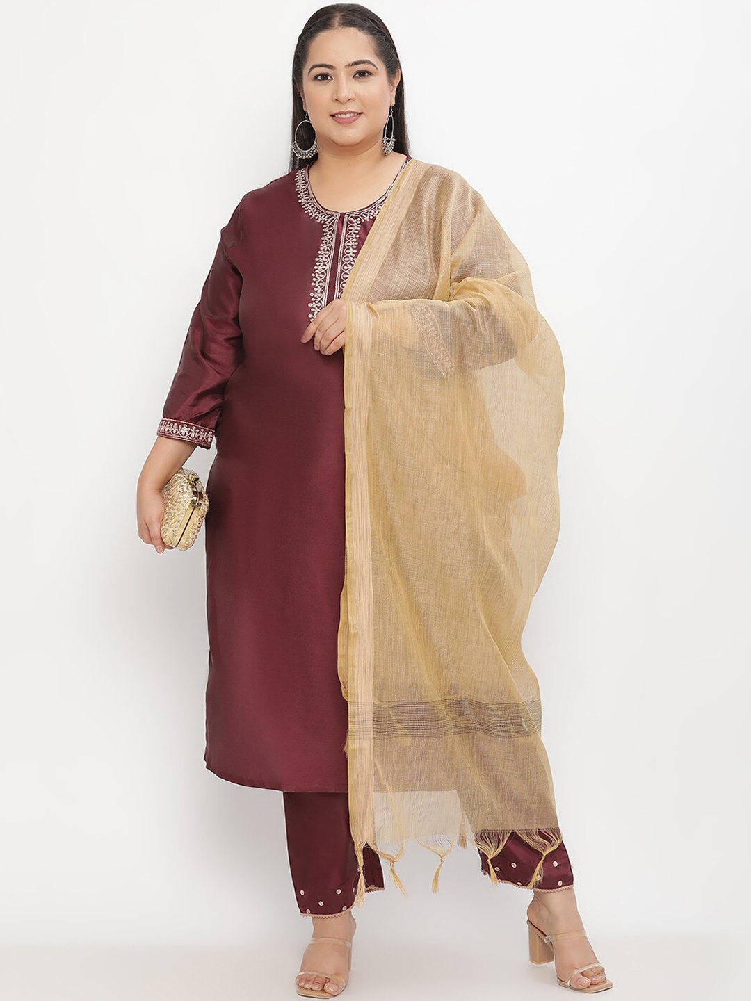 

Sringam Plus Size Ethnic Motifs Embroidered Straight Kurta & Trousers With Dupatta, Burgundy