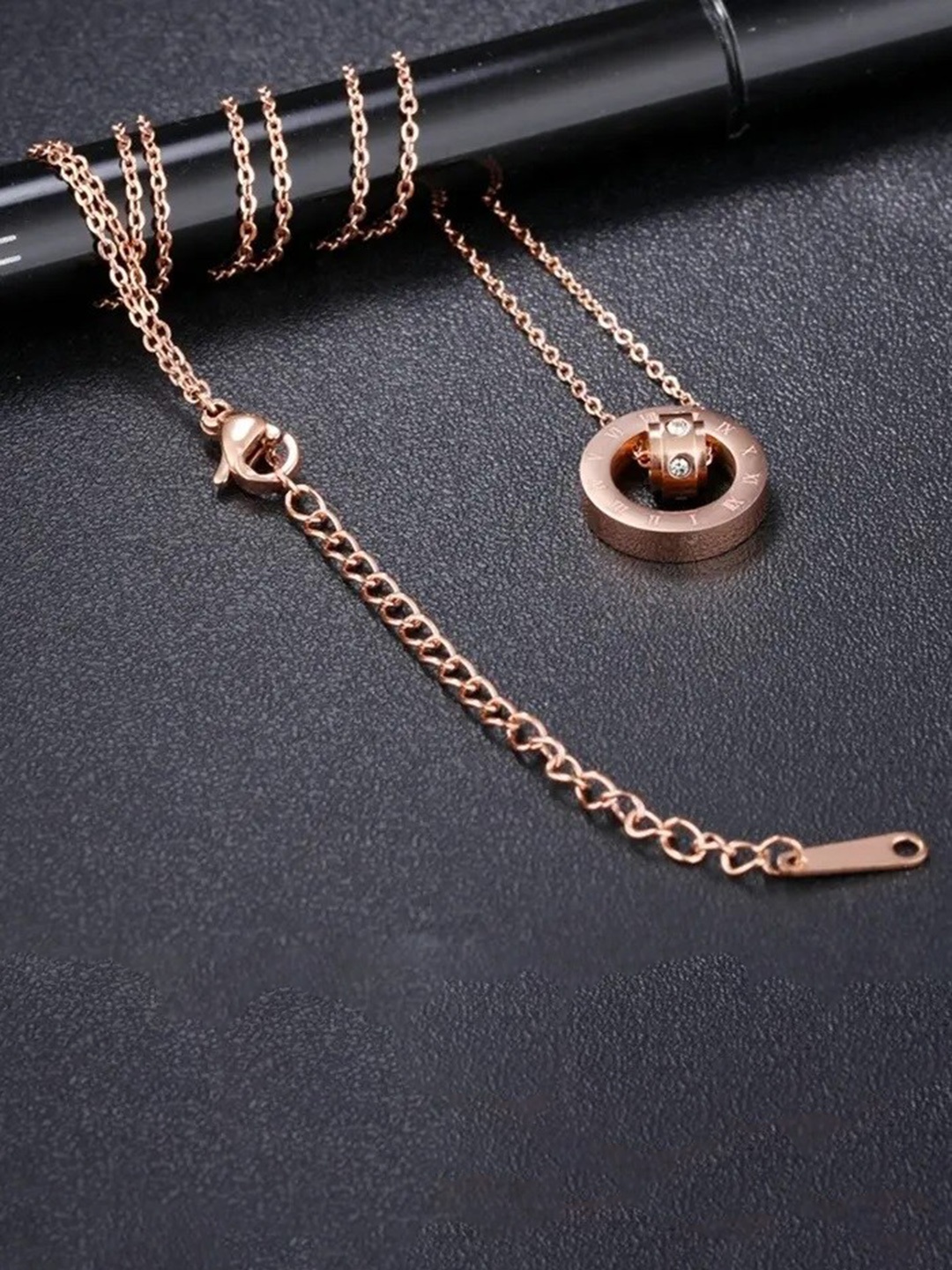 

MEENAZ Rose Gold-Plated CZ Studded Pendant With Chain