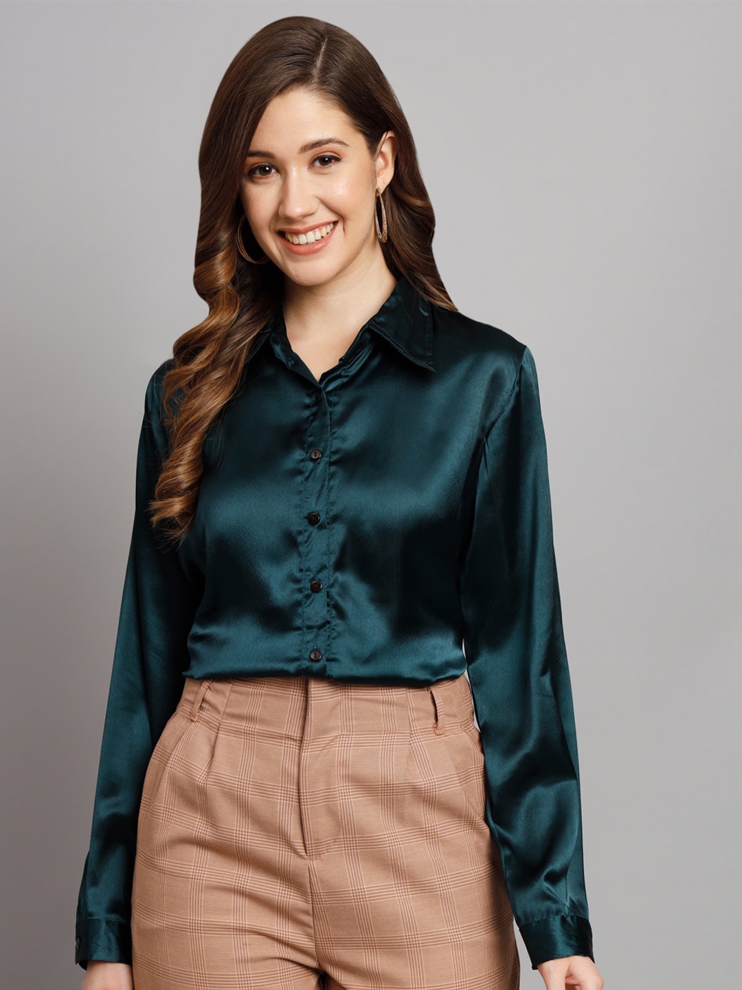 

Funday Fashion Spread Collar Satin Casual Shirt, Green