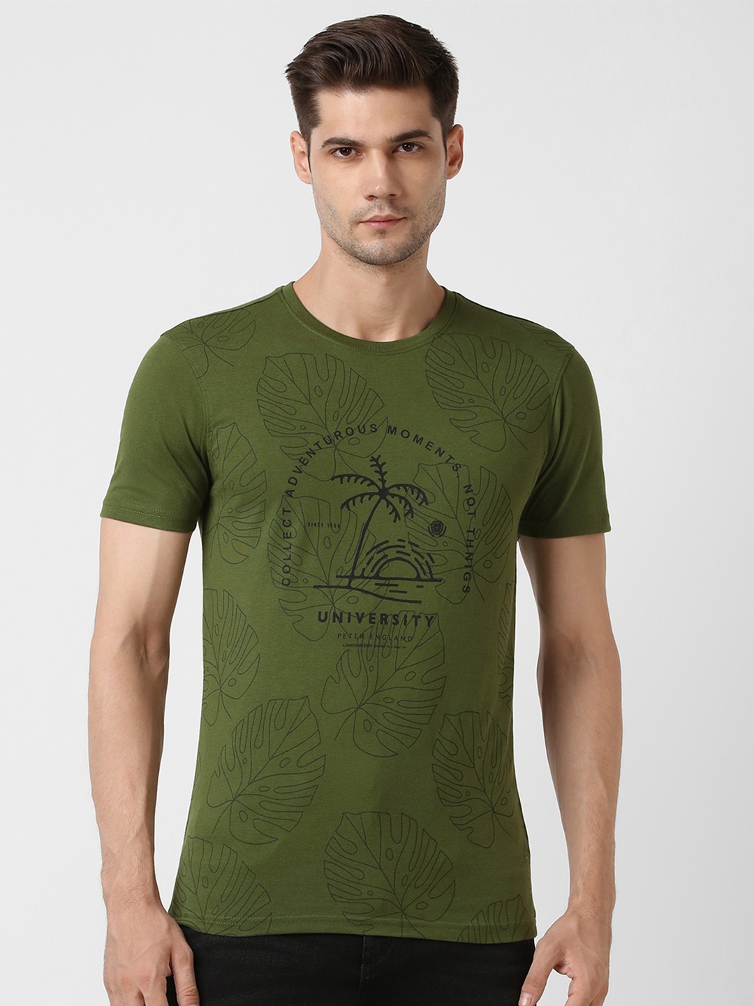 Peter England Casuals Graphic Printed Slim Fit Cotton T-shirt, Green