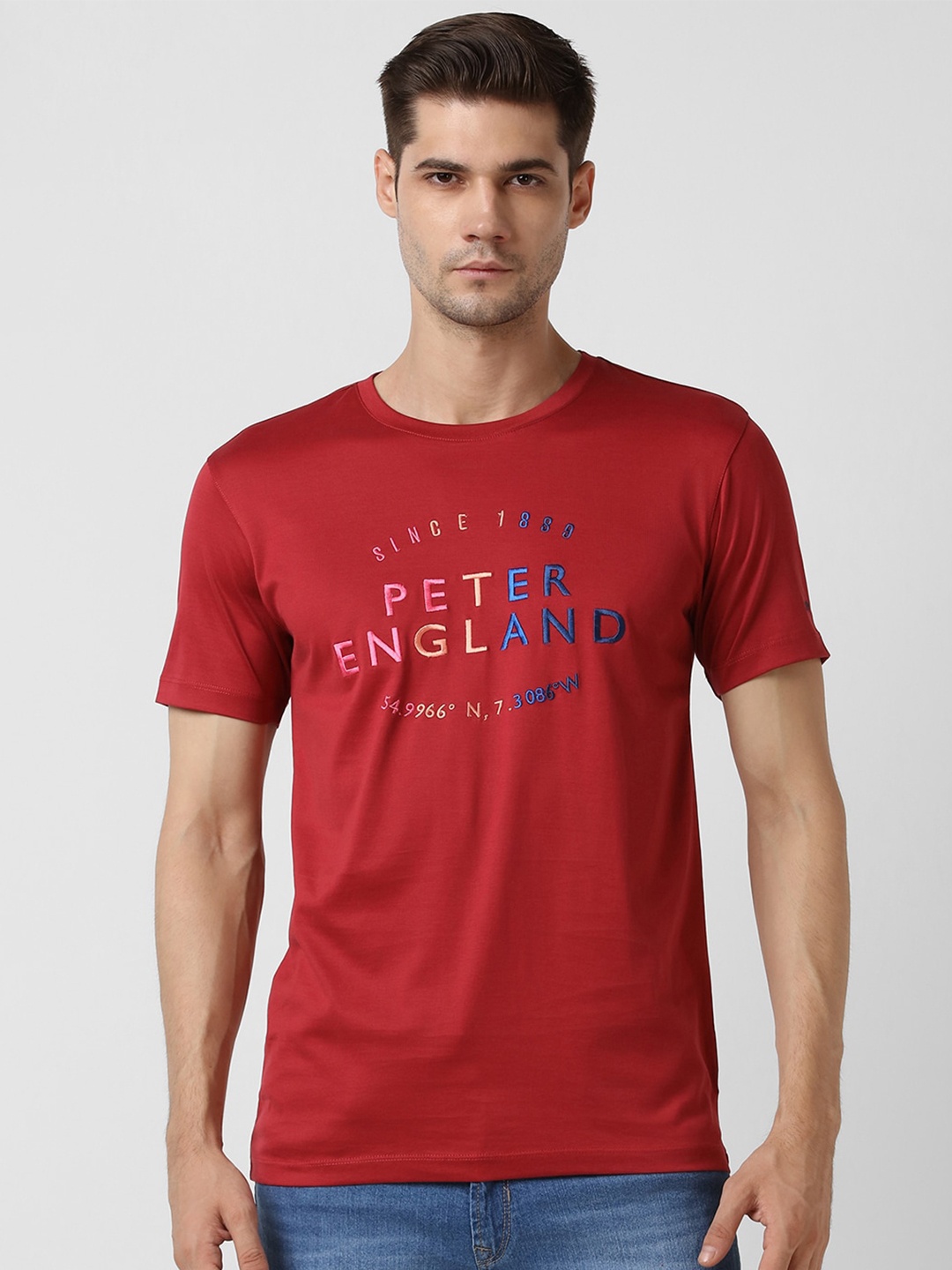 

Peter England Casuals Typography Printed Slim Fit Pure Cotton T-shirt, Red
