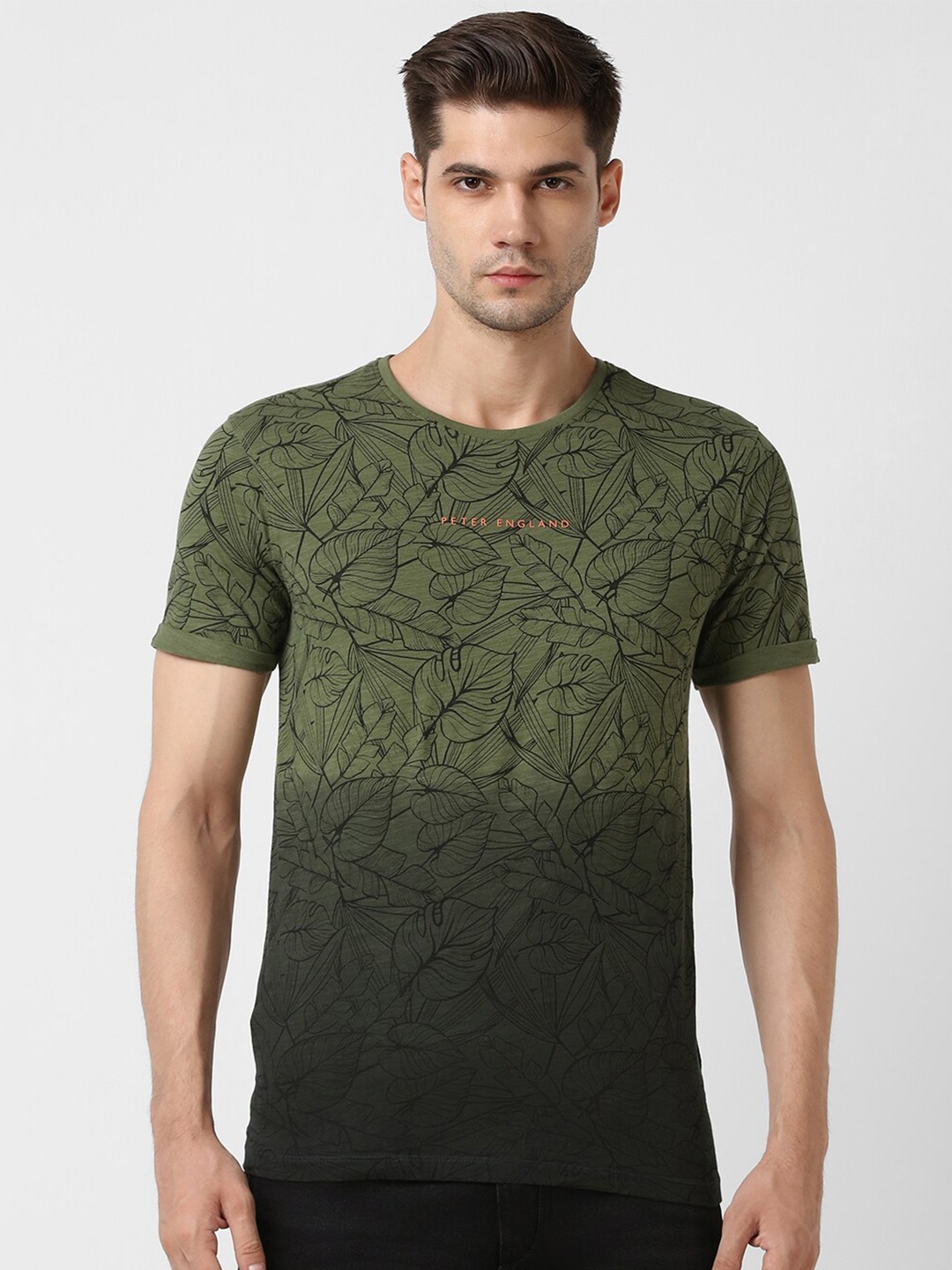 

Peter England Casuals Tropical Printed Slim Fit Pure Cotton T-shirt, Green
