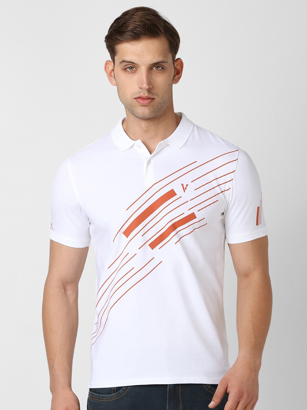 

V Dot Graphic Printed Polo Collar Cotton T-Shirt, White