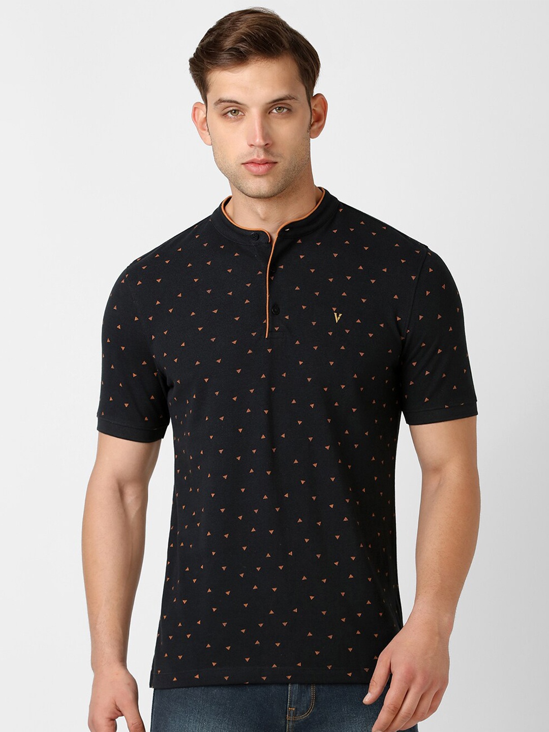 

Van Heusen Geometric Printed Mandarin Collar Pure Cotton T-Shirt, Black