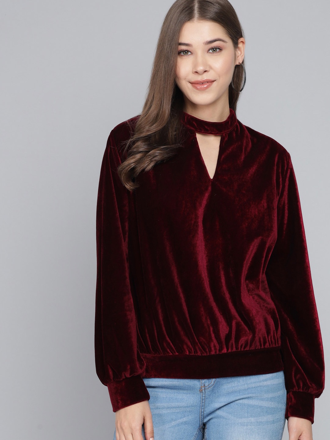 

VAARARO Keyhole Neck Cuffed Sleeves Blouson Top, Maroon