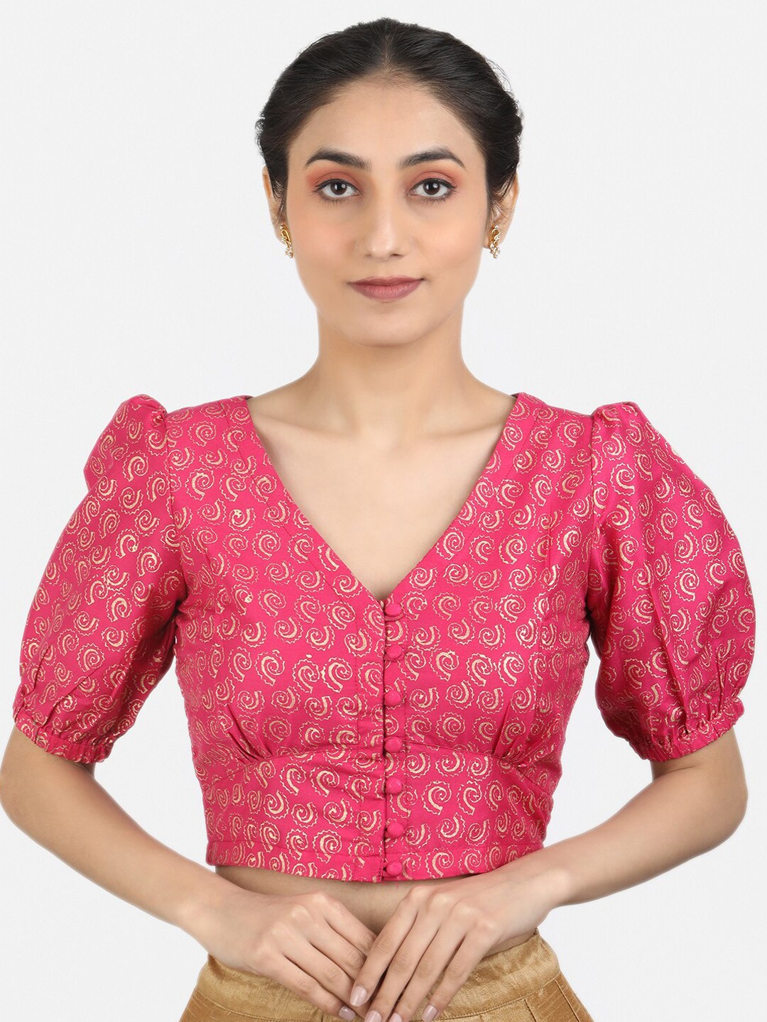 

Llajja Printed Puff Sleeve Saree Blouse, Pink