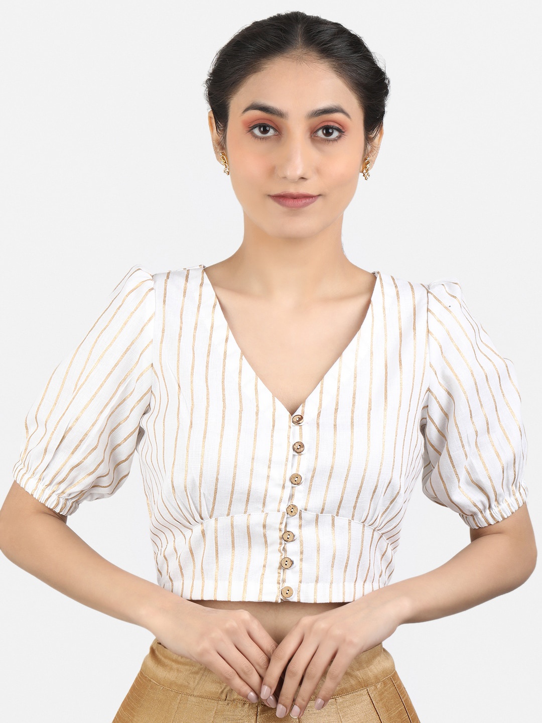 

Llajja Striped Pure Cotton Non Padded Saree Blouse, White