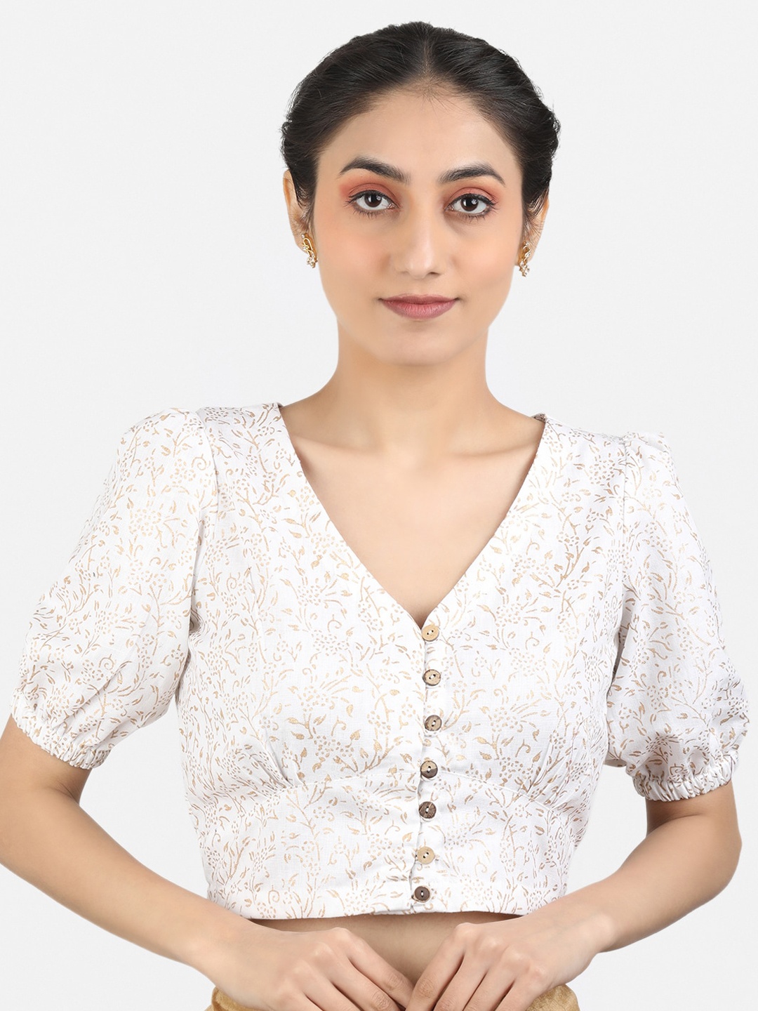 

Llajja Printed Pure Cotton Non Padded Saree Blouse, White