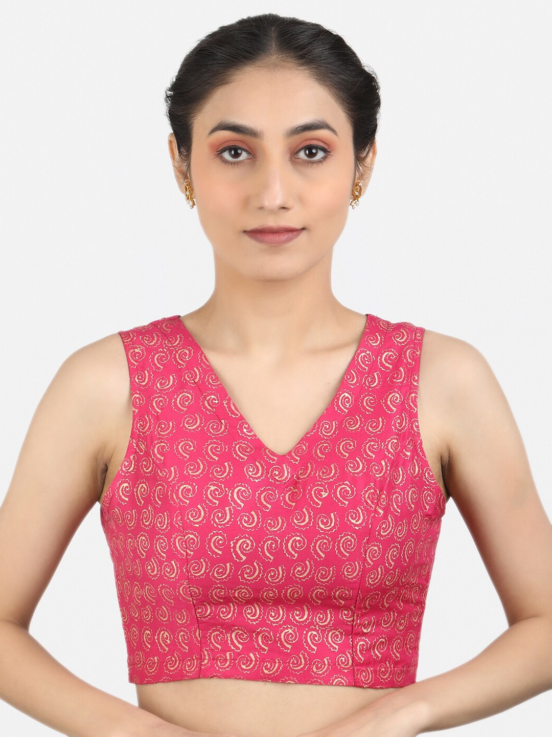 

Llajja Block Printed Art Silk Non Padded Saree Blouse, Pink