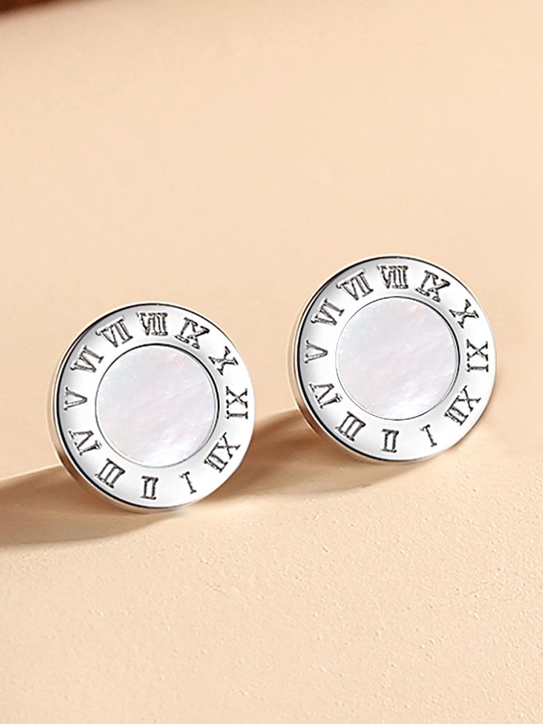 

Jewels Galaxy Silver-Plated Circular Roman Numerals Studs Earrings