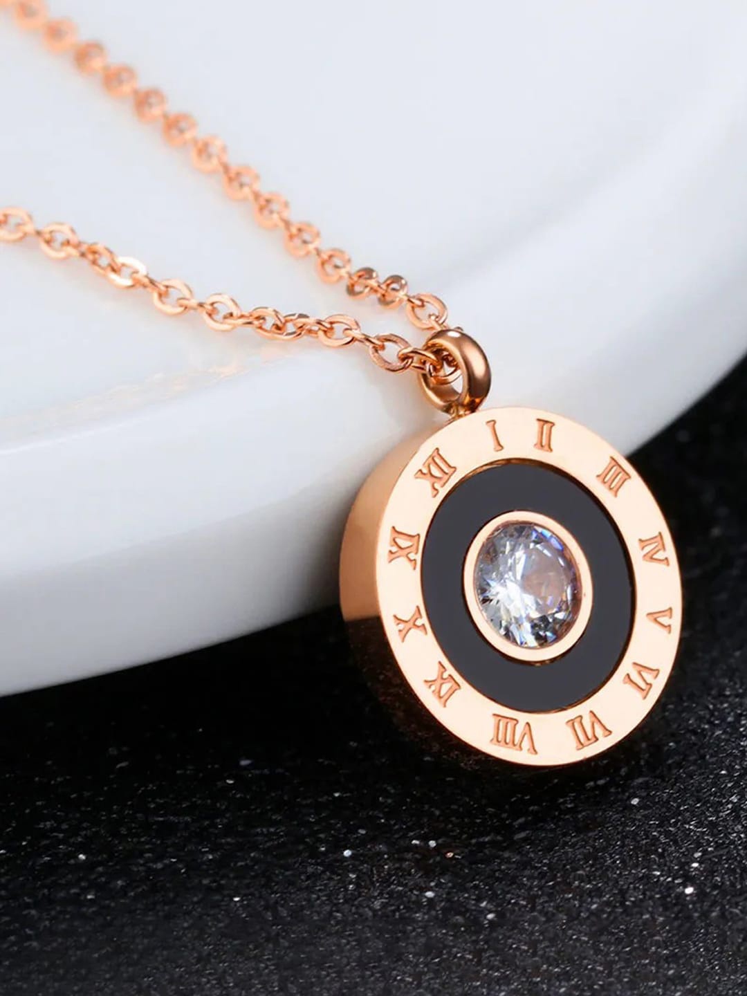 

Jewels Galaxy Rose Gold-Plated CZ Studded Round Pendant With Chain