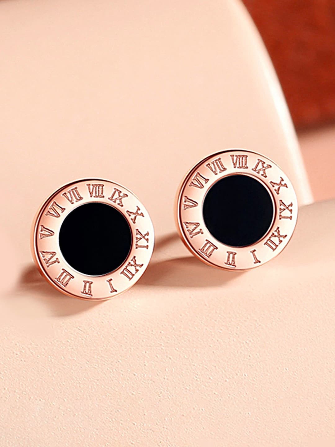 

Jewels Galaxy Rose Gold-Plated Circular Roman Numerals Stud Earrings