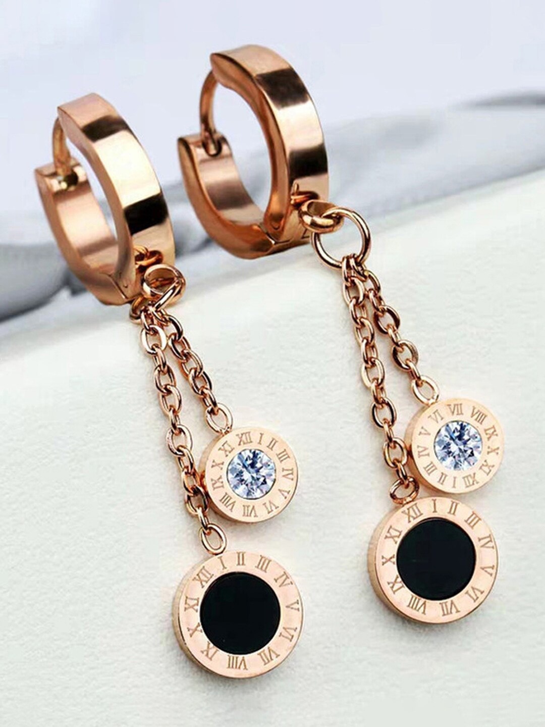 

Jewels Galaxy Rose Gold-Plated CZ Studded Contemporary Drop Earrings