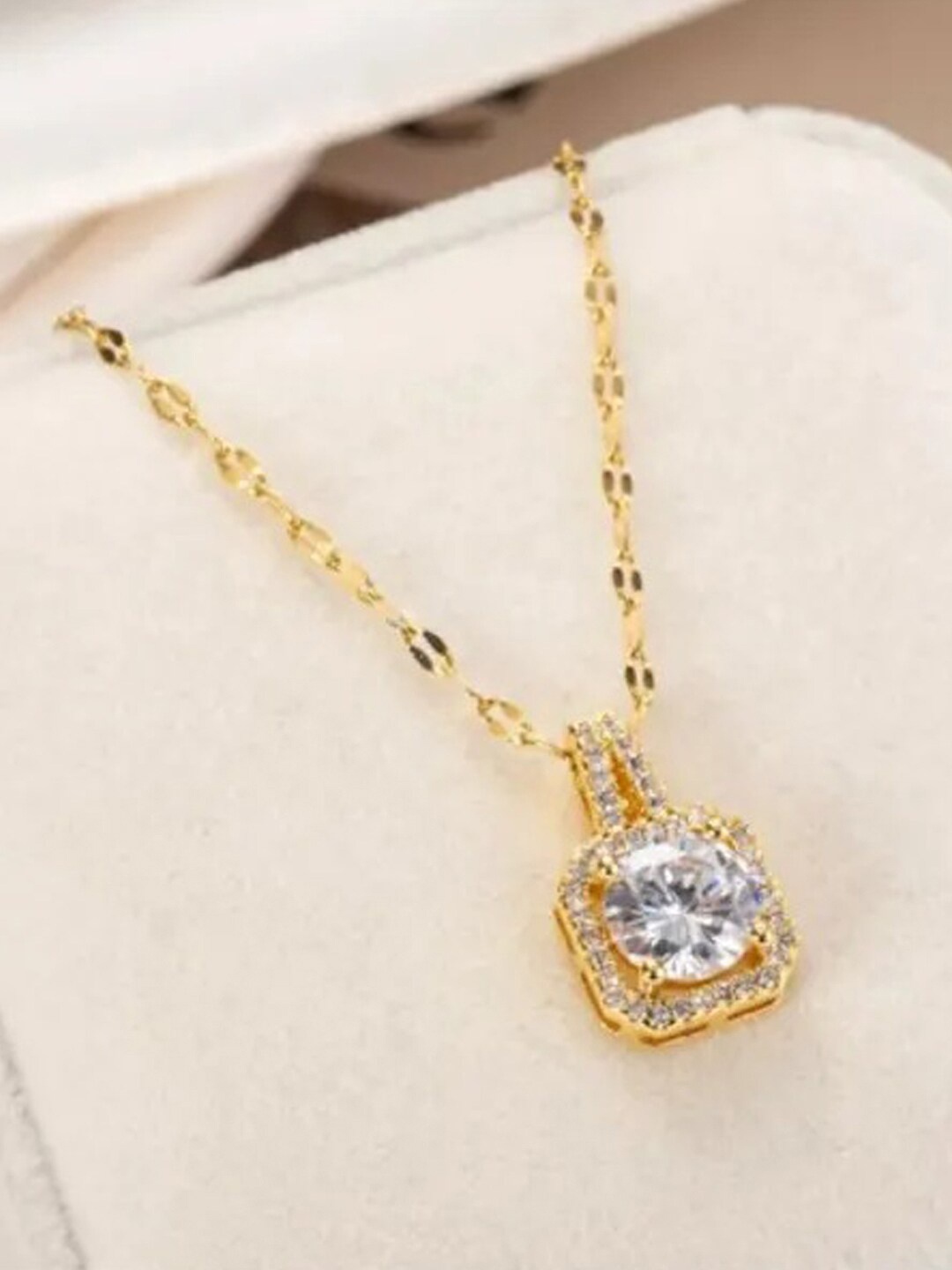 

Jewels Galaxy Gold-Plated CZ Stone Studded Square Contemporary Pendant With Chain