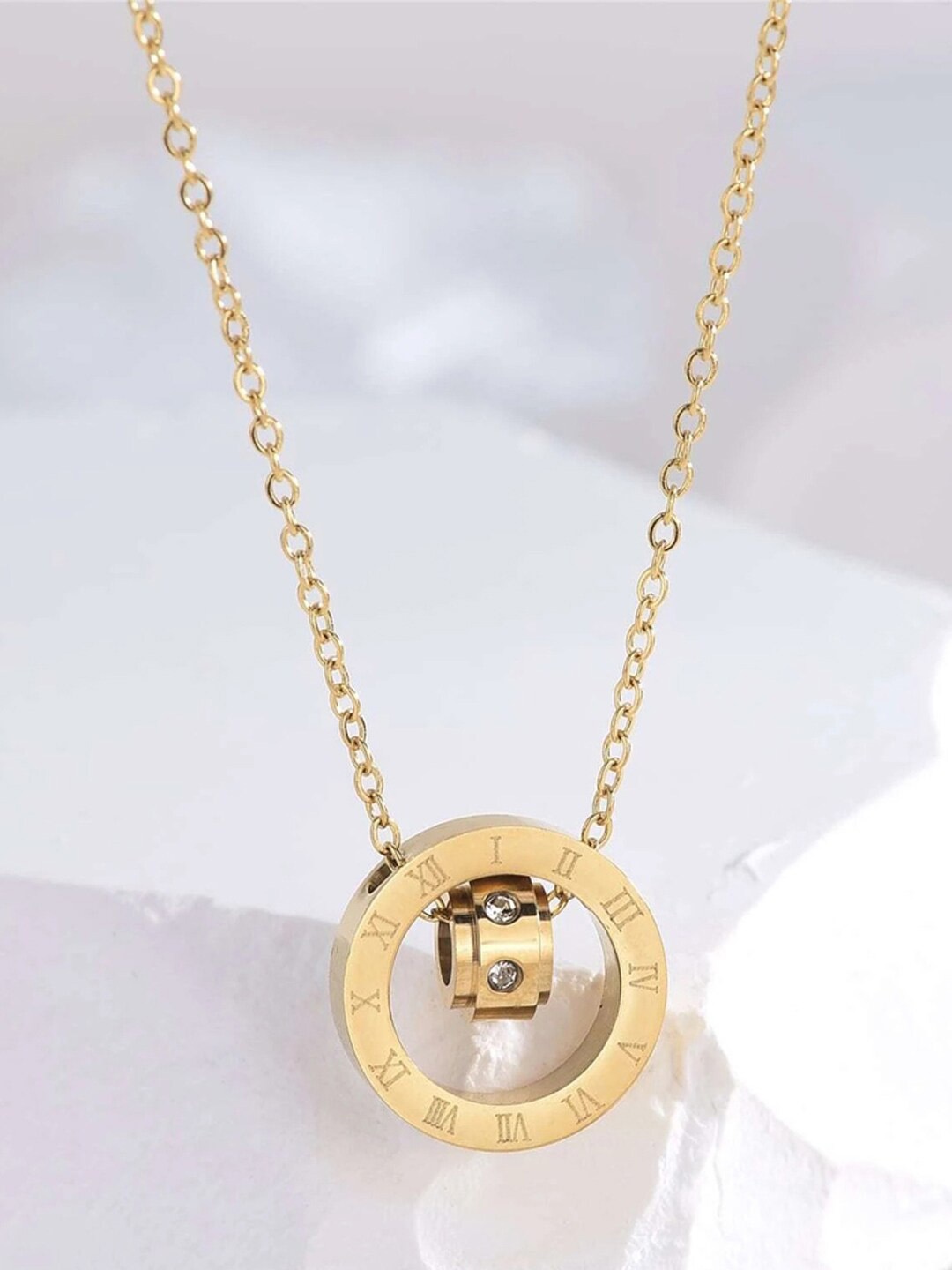 

Jewels Galaxy Gold-Plated CZ Studded Roman Numerals Pendant With Chain