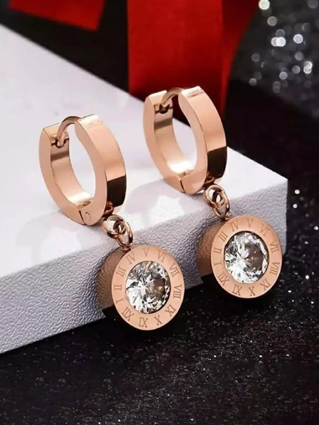 

Jewels Galaxy Rose Gold-Plated Contemporary CZ Studded Drop Earrings