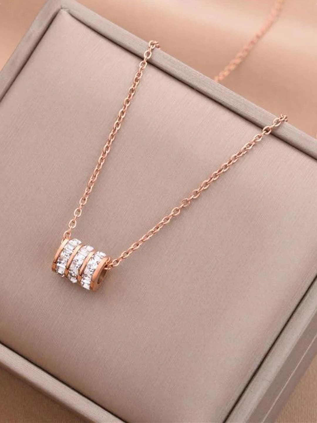 

Jewels Galaxy Rose Gold Plated CZ-Studded & Cylindrical-Charm Pendant With Chain