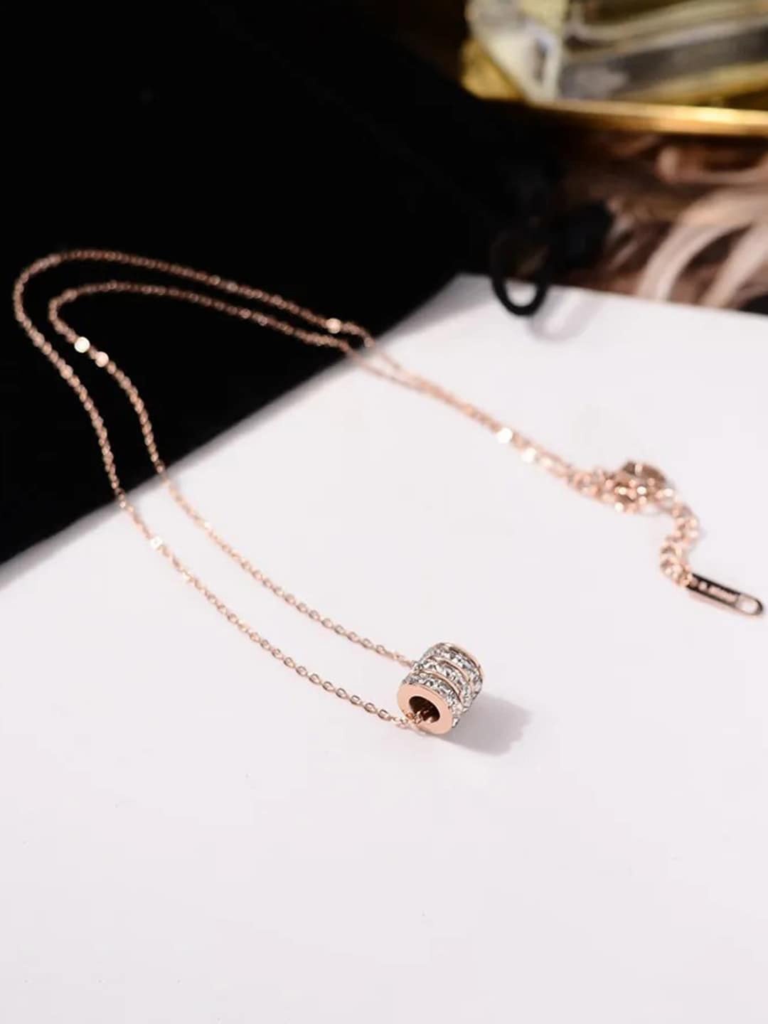 

Jewels Galaxy Rose Gold-Plated CZ-Studded & Cylindrical-Charm Pendant With Chain