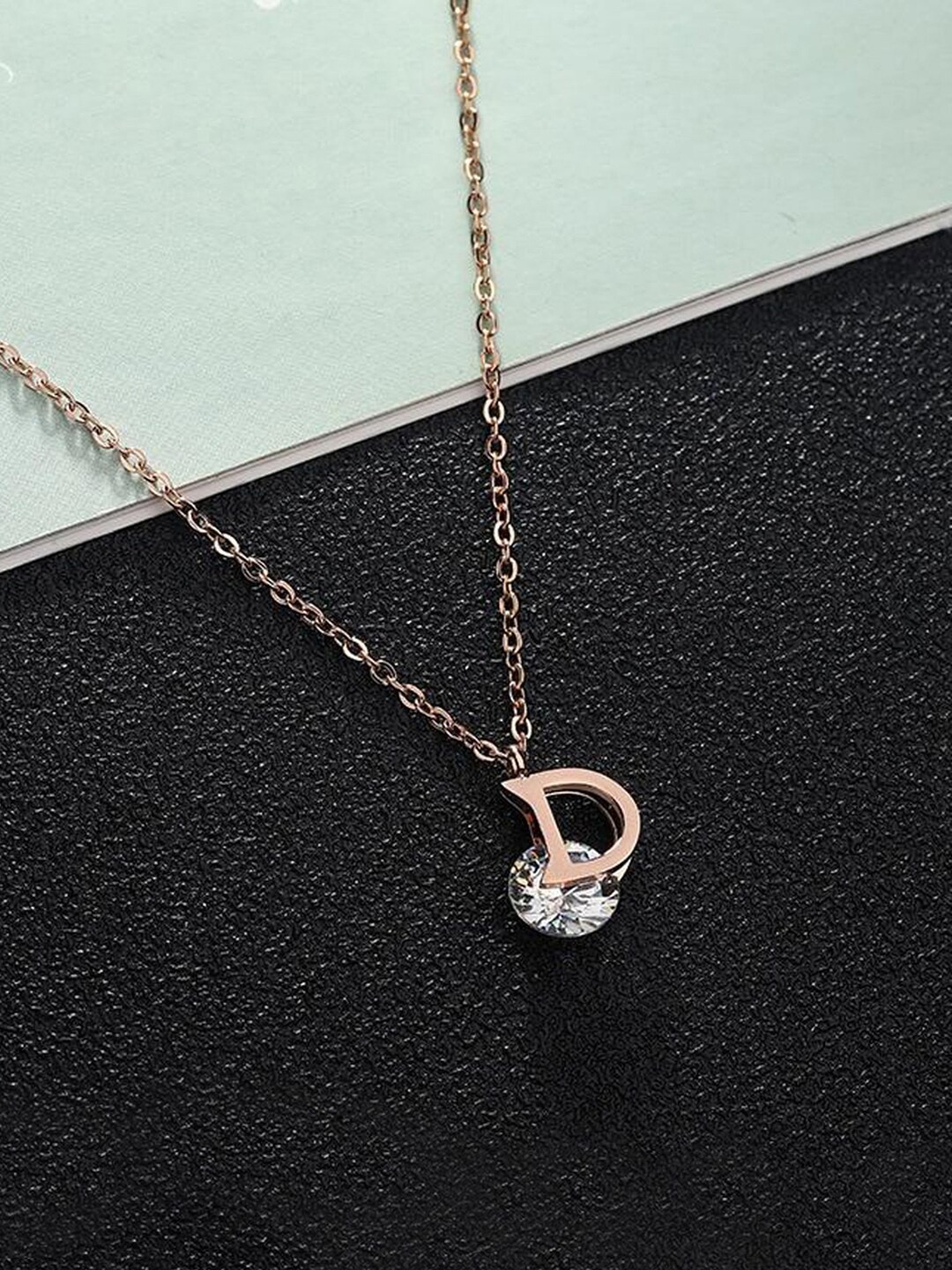 

Jewels Galaxy Rose Gold-Plated Cubic Zirconia-Studded "D" Charm Pendant With Chain