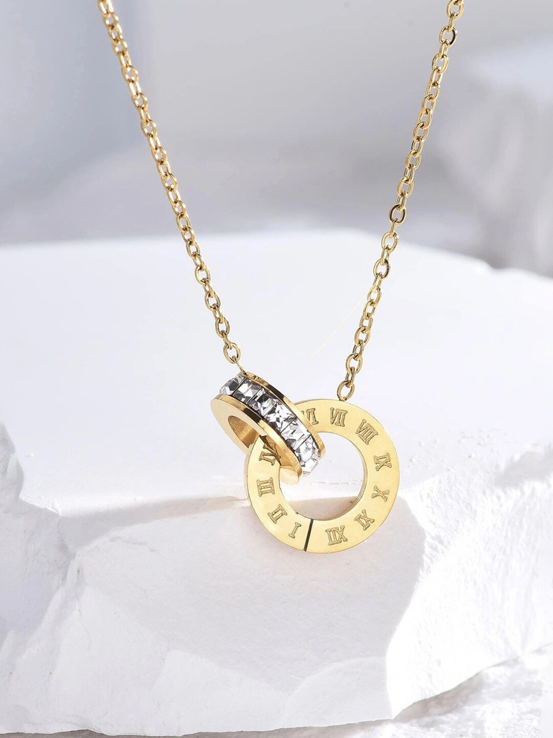 

Jewels Galaxy Gold-Plated CZ-Studded & Roman Numerals Pendant With Chain