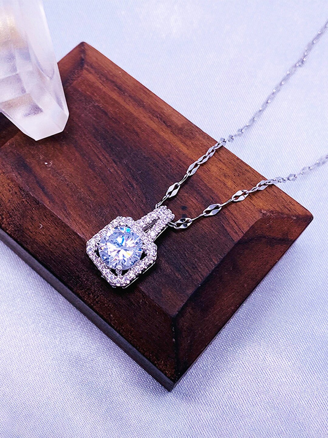 

Jewels Galaxy Silver-Plated CZ-Studded & Square-Charm Pendant With Chain