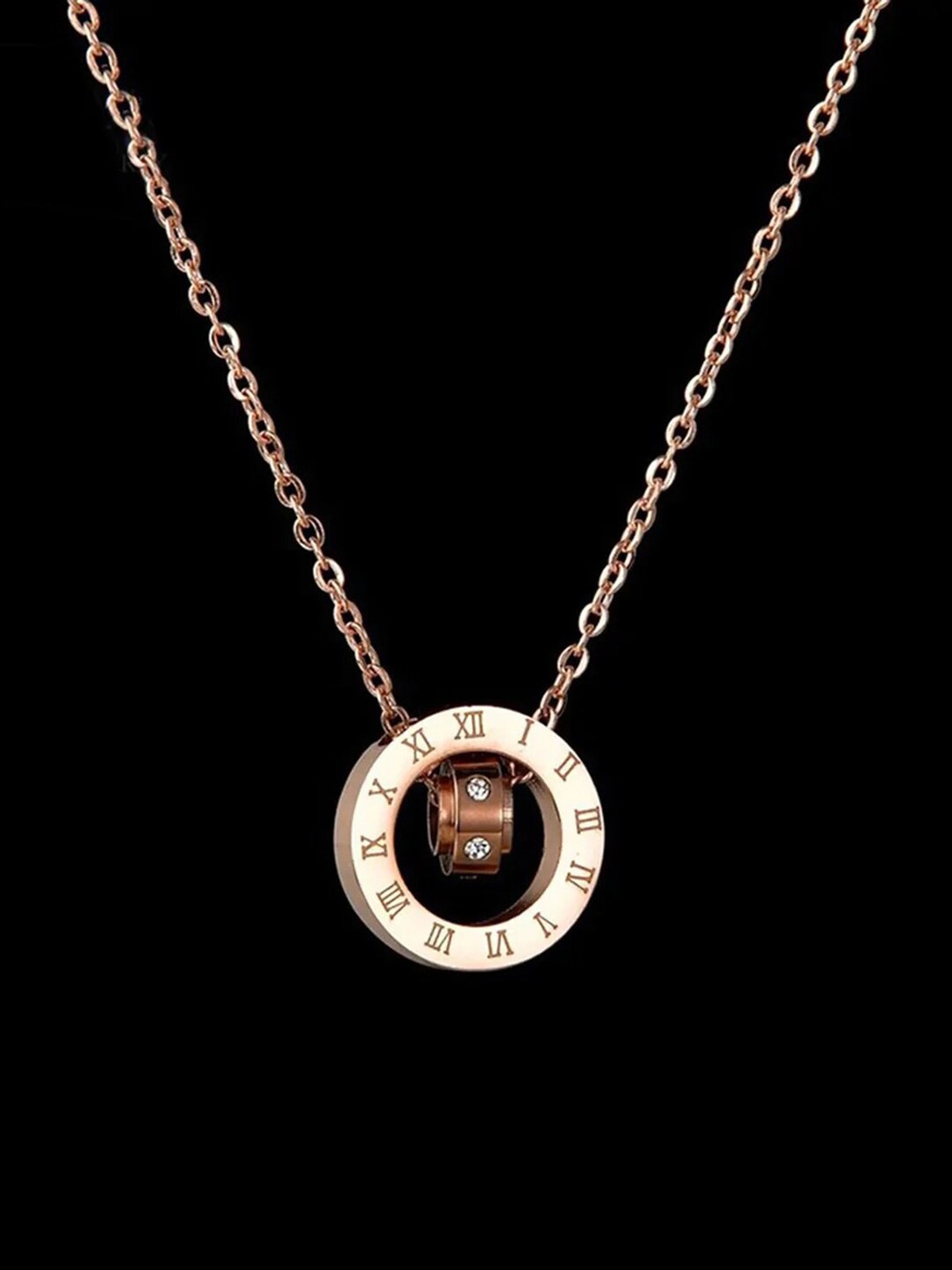 

Jewels Galaxy Rose Gold-Plated Stone-Studded & Roman Numerals-Charm Pendant With Chain