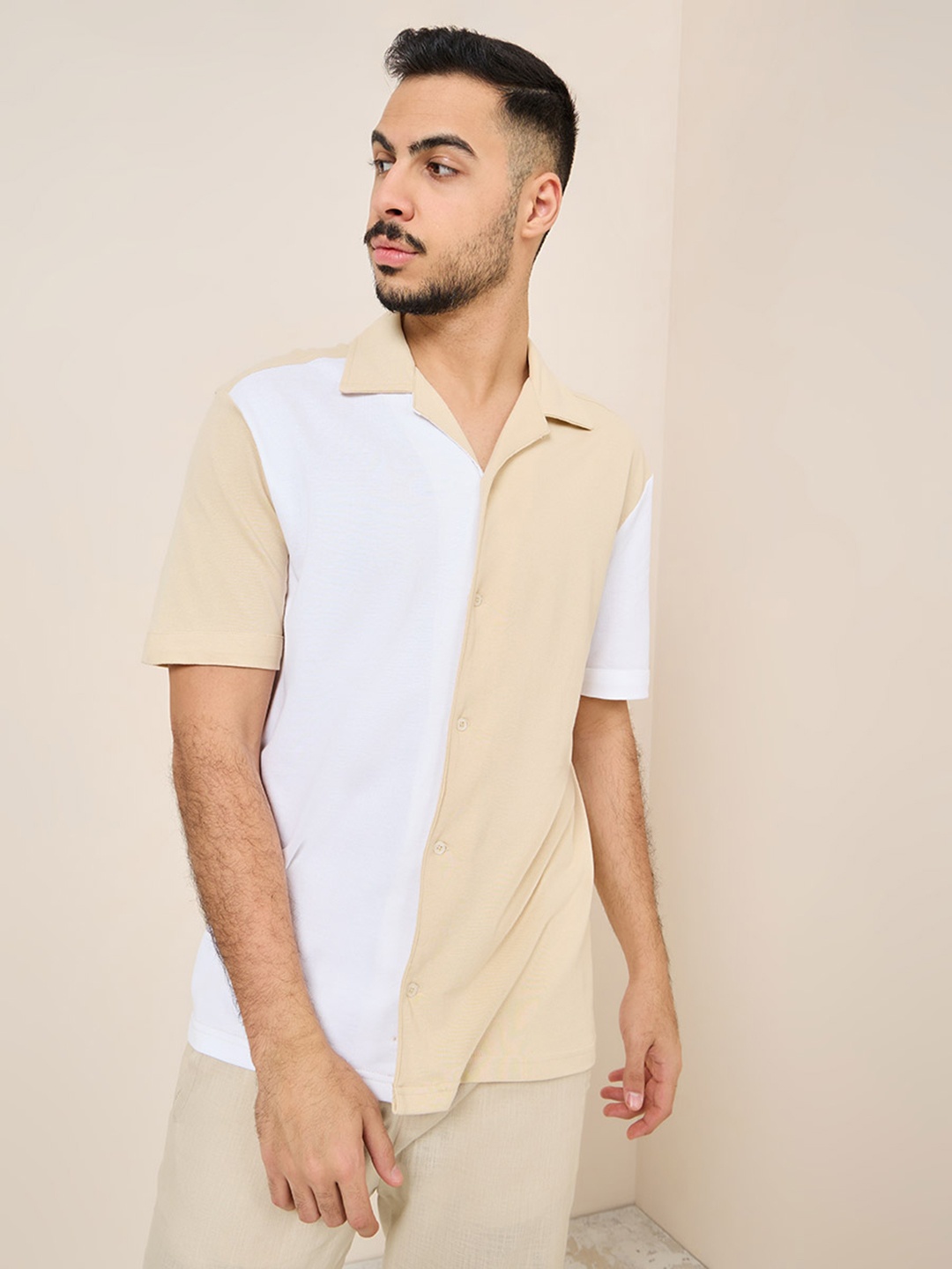 

Styli Colourblocked Cotton Casual Shirt, Beige