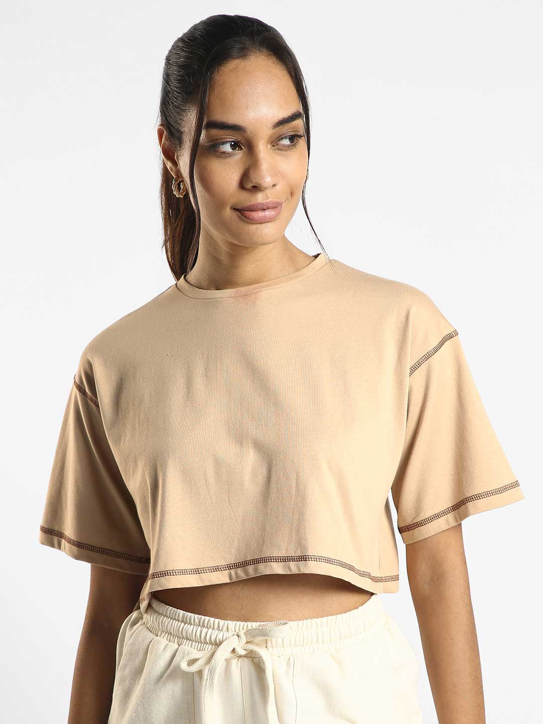 

NOBERO Round Neck Crop T-shirt, Tan
