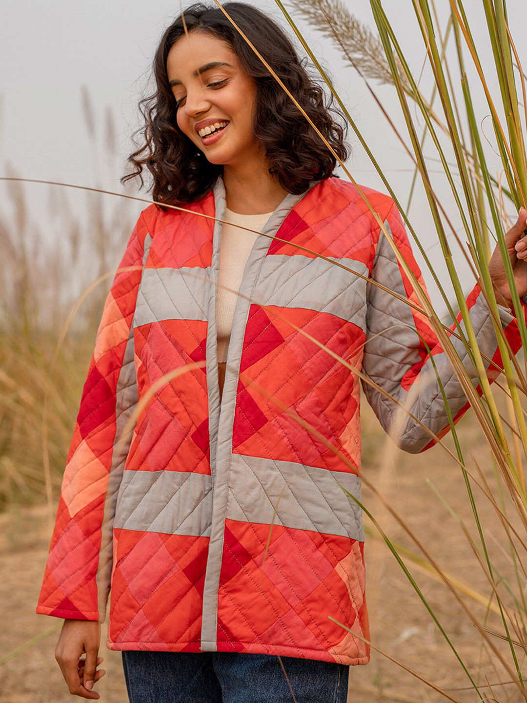 

Zanaash Collarless Organic Cotton Longline Tailored Jacket with Patchwork, Orange