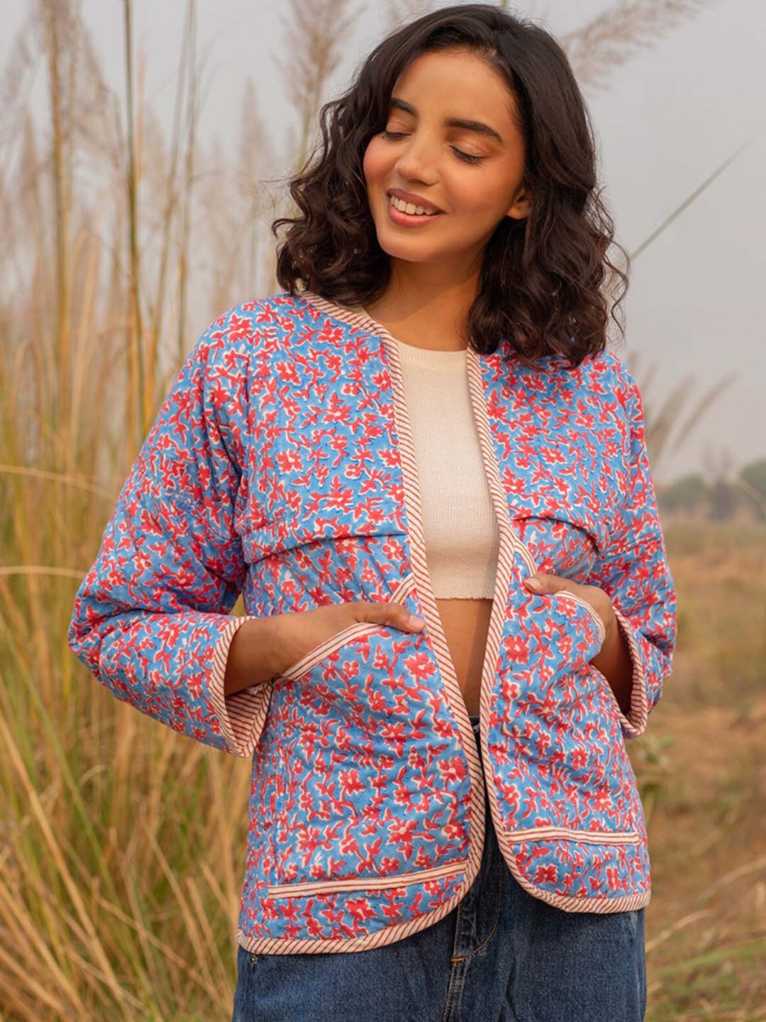 

Zanaash Floral Printed Open Front Jacket Longline Jacket, Blue