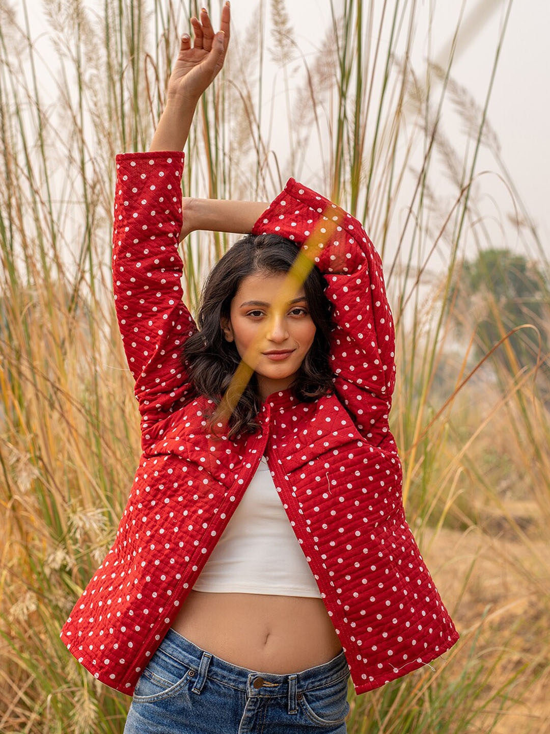 

Zanaash Geometric Printed Organic Cotton Parka Jacket, Red