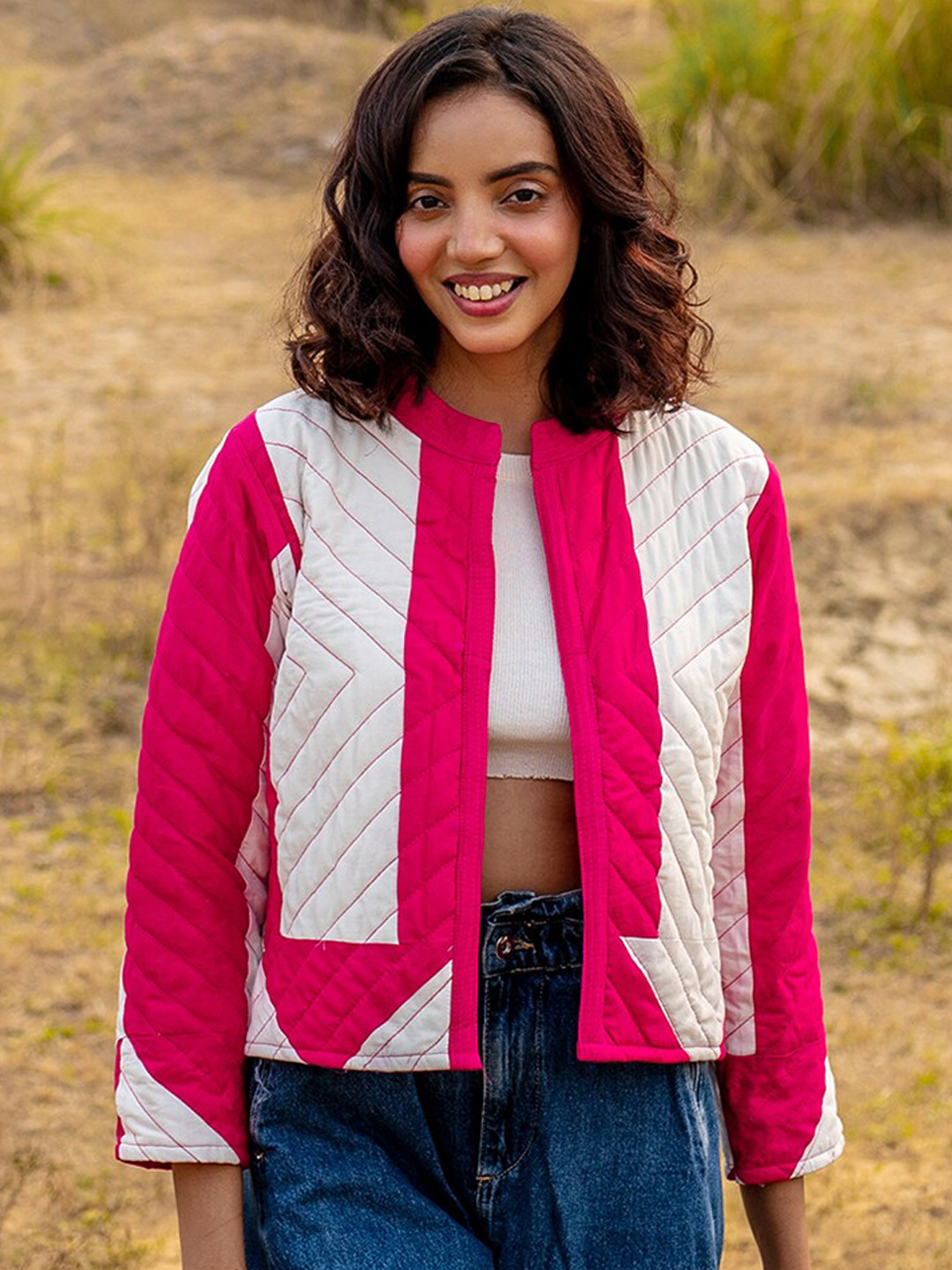 

Zanaash Colourblocked Organic Cotton Longline Open Front Jacket, Pink