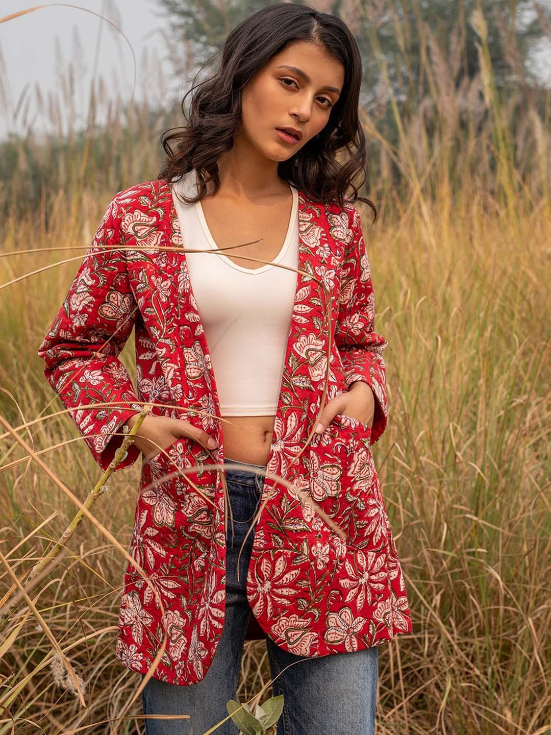 

Zanaash Floral Printed Open Front Jacket Longline Jacket, Red