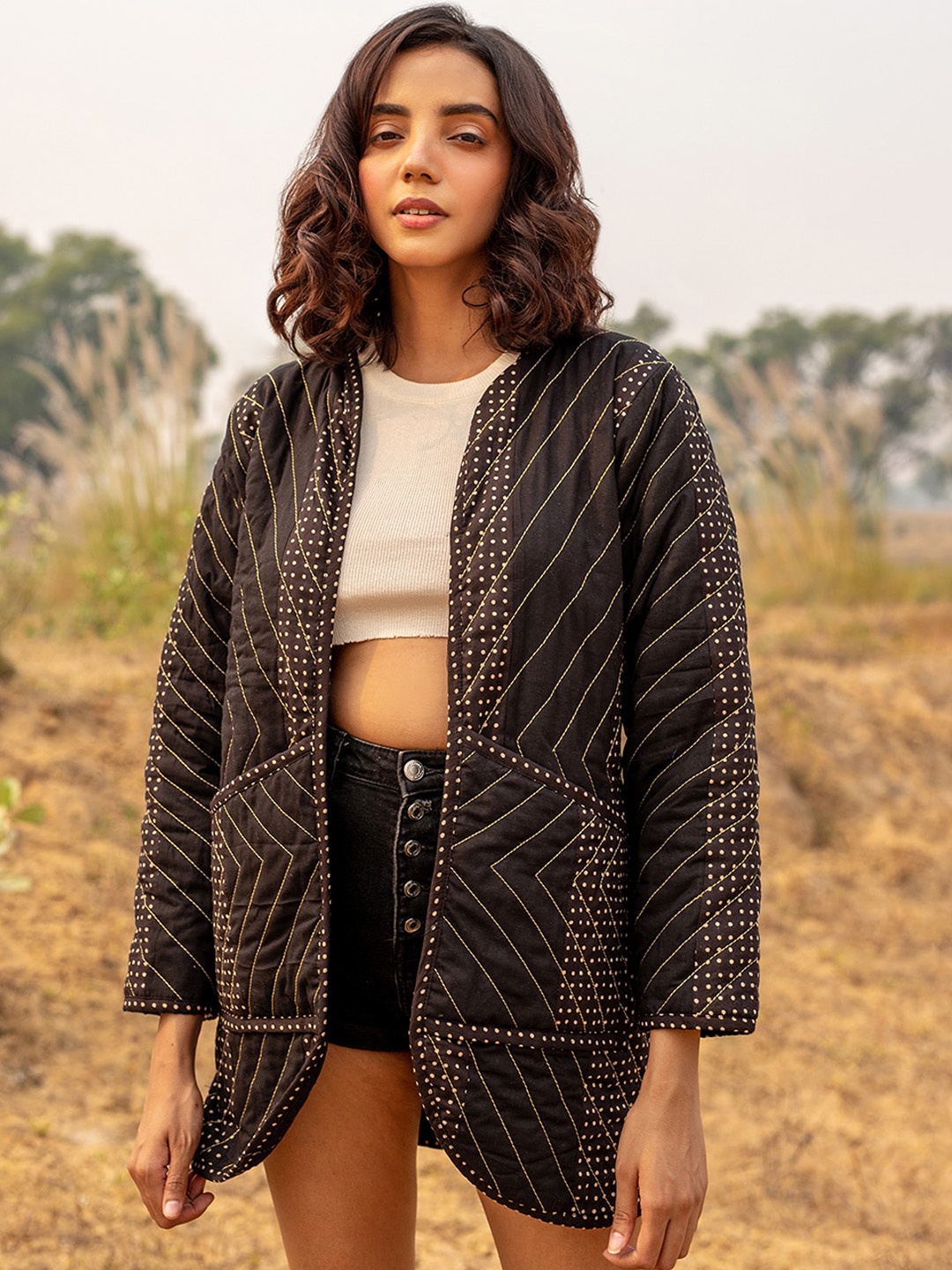 

Zanaash Polka Dots Printed Organic Cotton Longline Open Front Jacket, Black