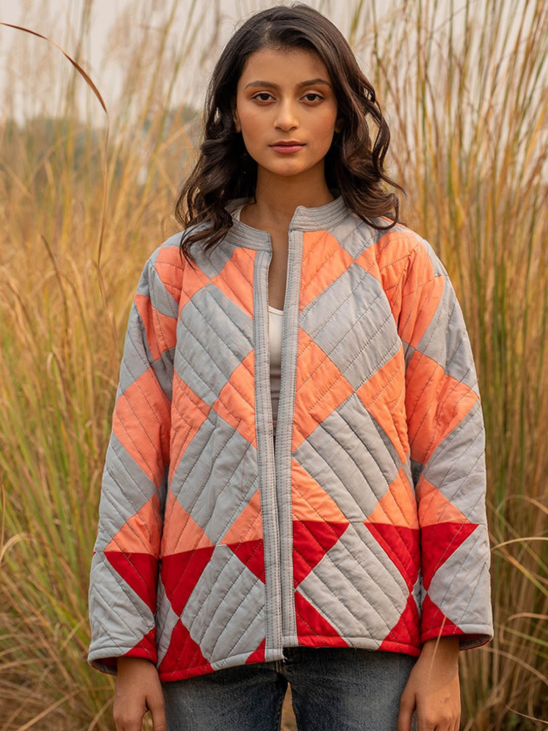 

Zanaash Colourblocked Organic Cotton Open Front Jacket, Grey
