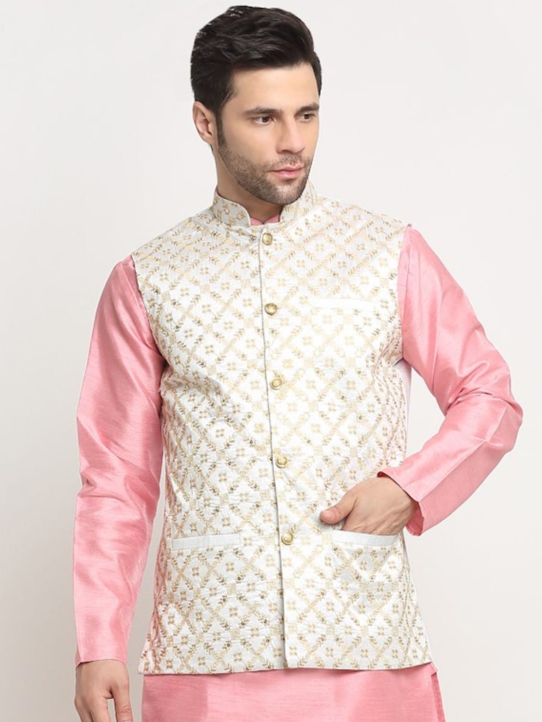 

KRAFT INDIA Ethnic Embroidered Zari Nehru Jacket, Cream