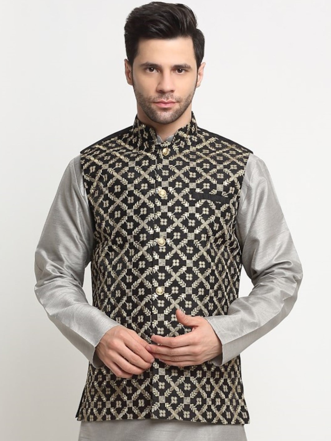 

KRAFT INDIA Ethnic Motifs Embroidered Mandarin Collar Zari Nehru Jacket, Black