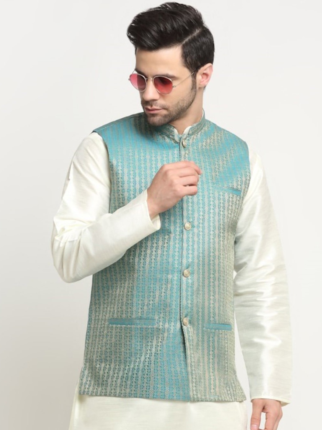 

KRAFT INDIA Striped Woven Design Nehru Jackets, Blue