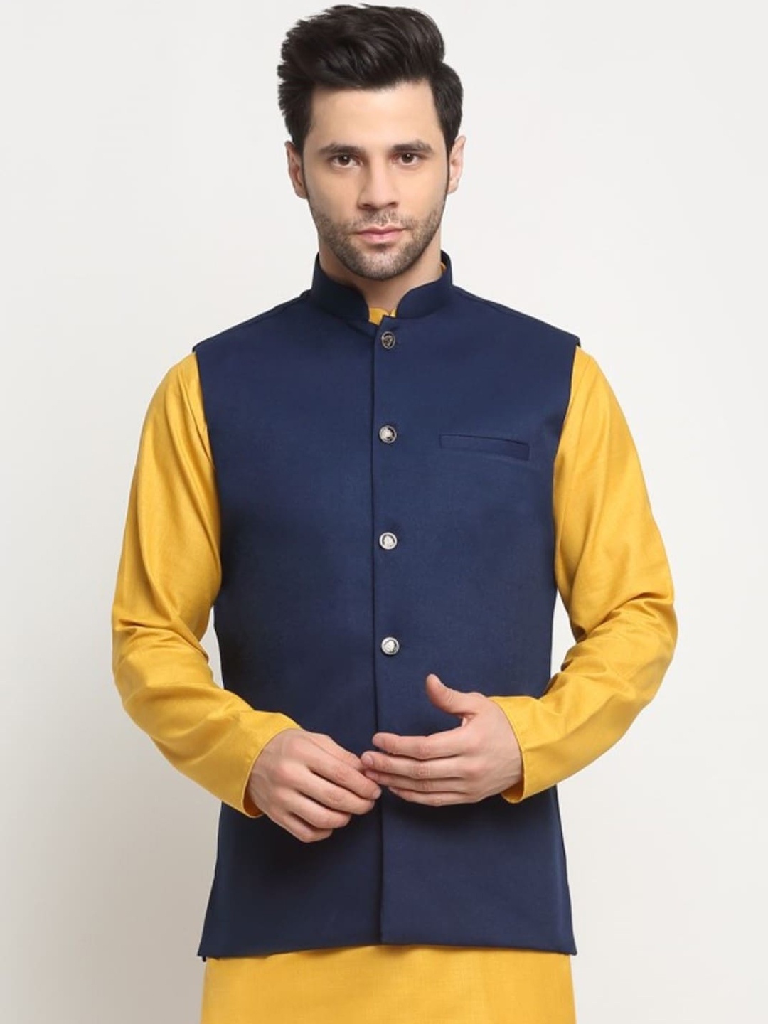 

KRAFT INDIA Men Mandarin Collar Twill Cotton Nehru Jackets, Navy blue