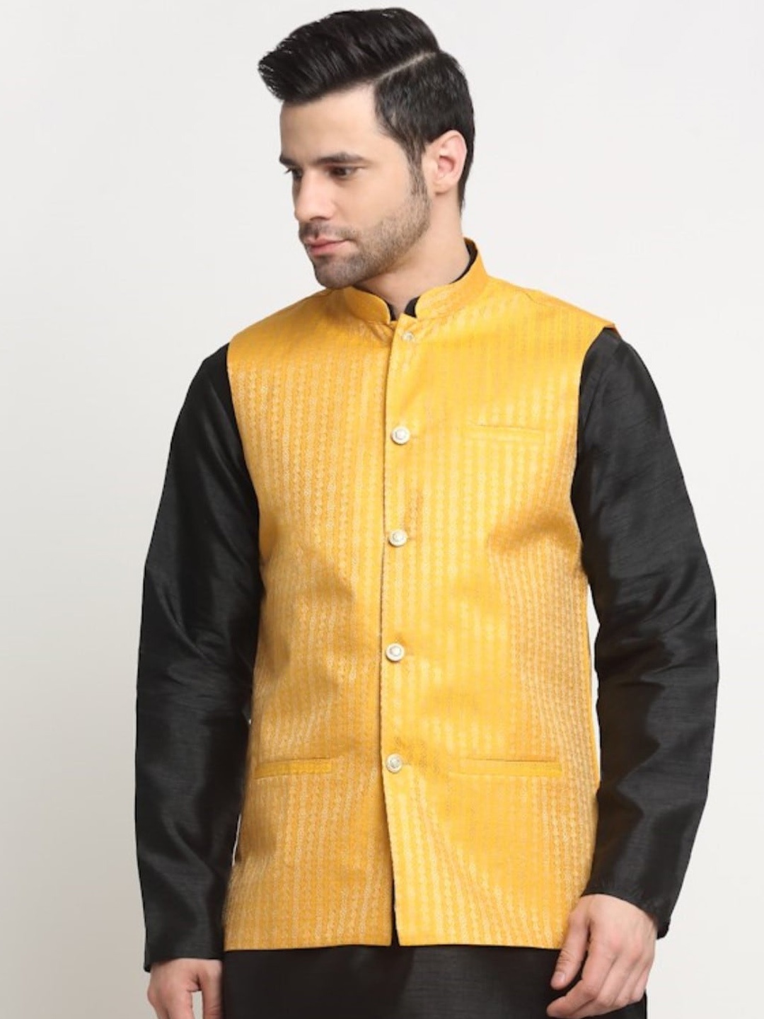 

KRAFT INDIA Striped Woven Design Nehru Jackets, Yellow
