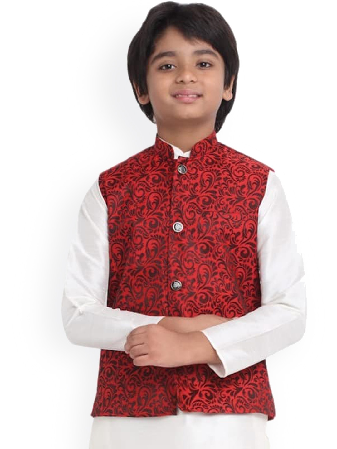 

KRAFT INDIA Boys Ethnic Motifs Woven Design Jacquard Nehru Jacket, Red