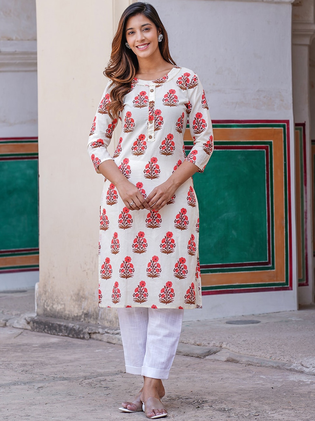 

KALINI Ethnic Motifs Printed Regular Gotta Patti Pure Cotton Kurta with Trousers, White