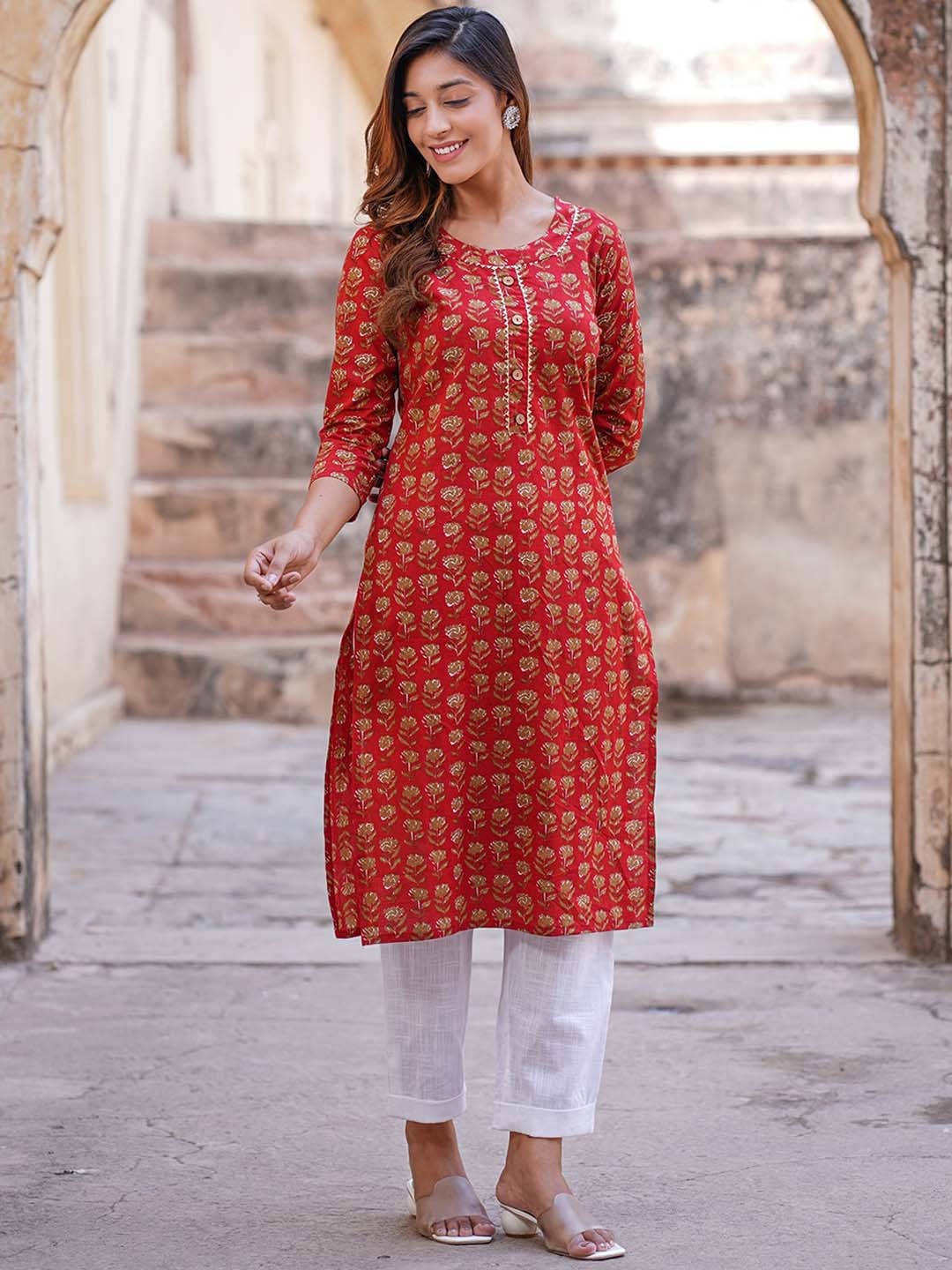 

KALINI Floral Printed Pure Cotton Kurta With Trousers, Red