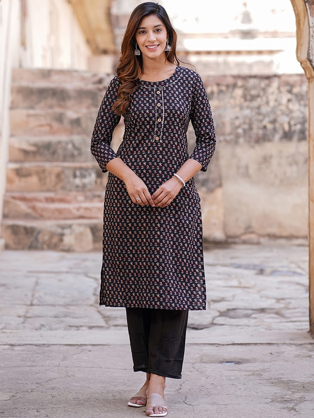 

KALINI Ethnic Motifs Printed Cotton Kurta, Black