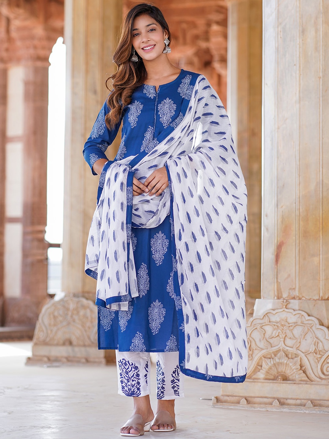 

KALINI Paisley Printed Straight Kurta With Trousers & Dupatta, Blue